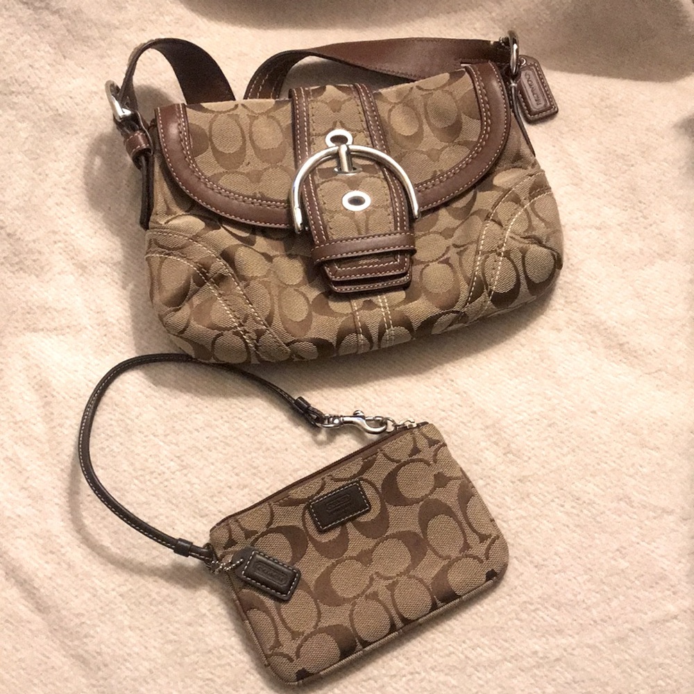 Coach brown shoulder bag w/ buckle, & small wristlet pair - signature pattern